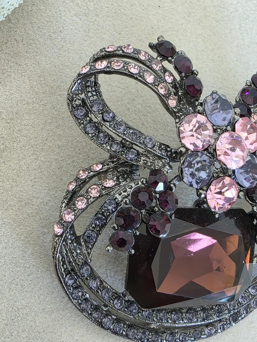 Purple & Pink Rhinestone Bow Brooch – Gunmetal Tone Statement Pin